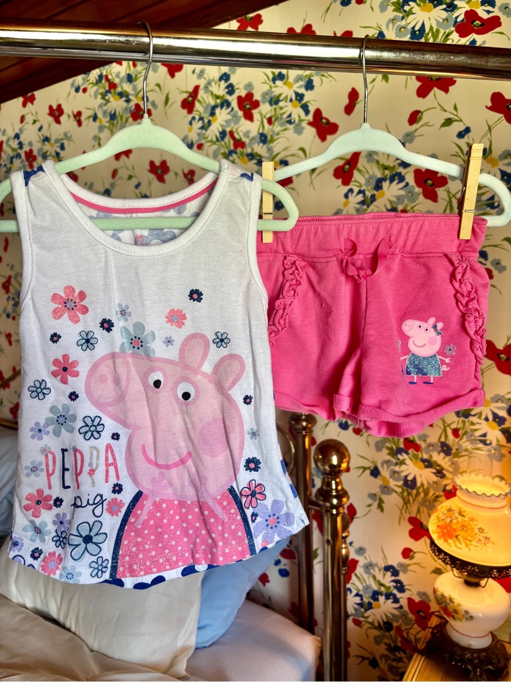 peppa pig girls 3t pink floral tank top & ruffle shorts outfit set